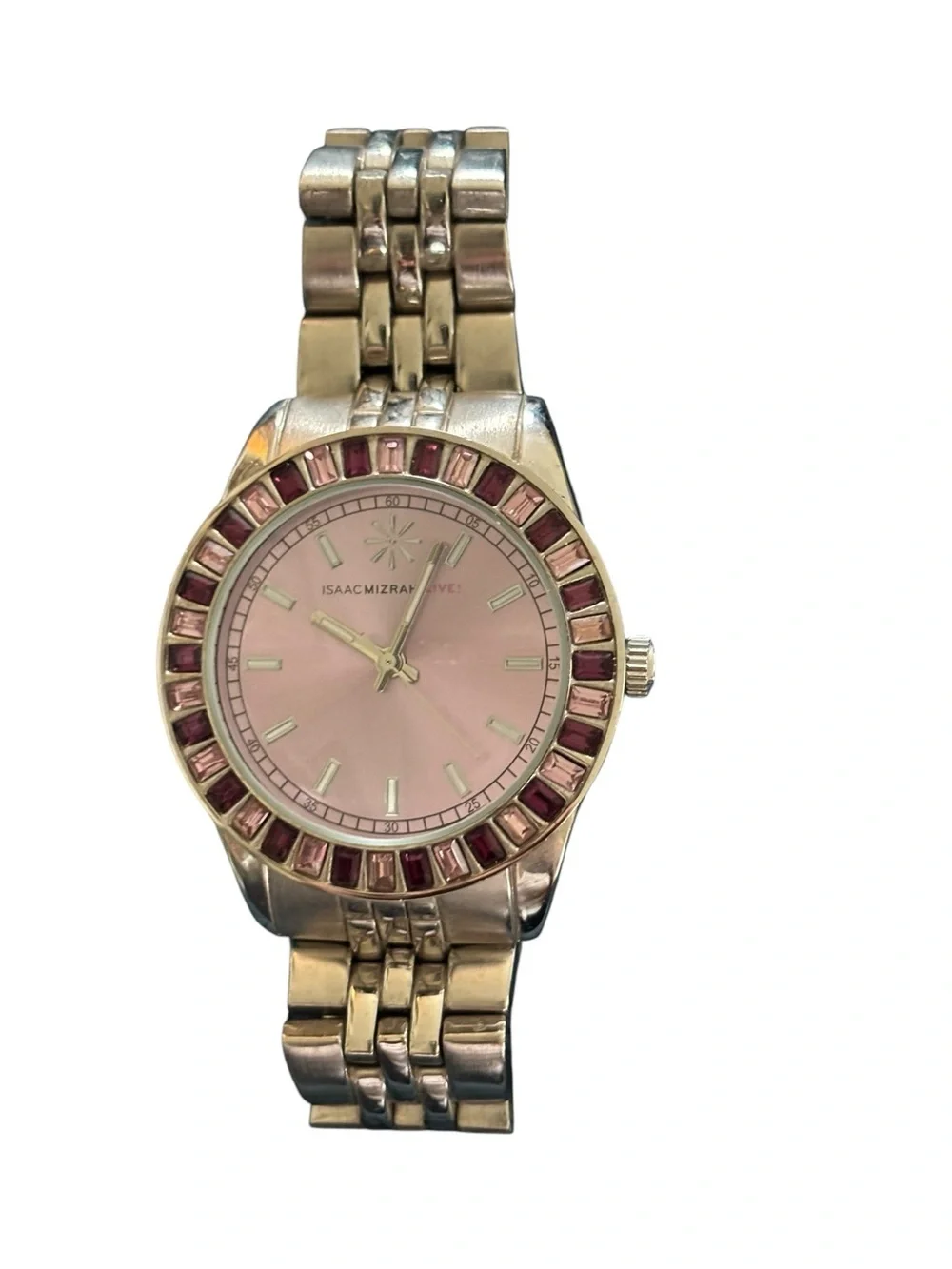Issac Mizrahi Live Stainless Steel Chain Link Watch Rhinestone Embellished Face